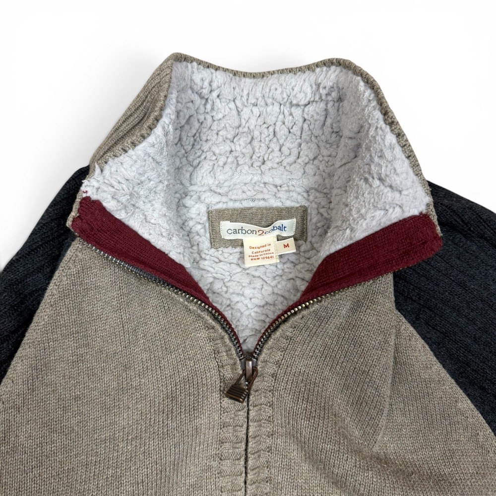 Carbon 2 Cobalt Mens Sherpa Lined Full Zip Sweater Tan Navy Size M 155223